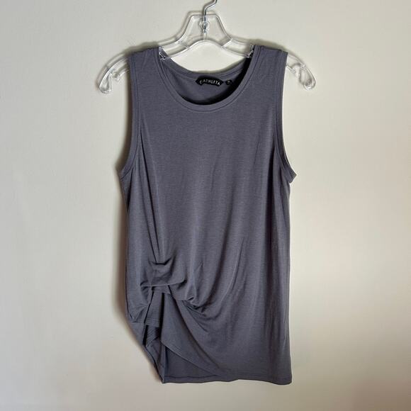 Athleta Gray Crewneck Ruched Hip Sleeveless Long Workout Tank Shirt Size Medium - Picture 1 of 7